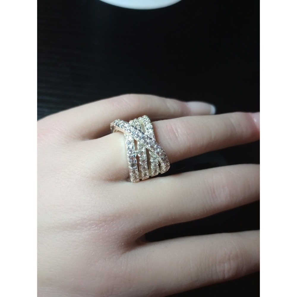 Silver Tone Rhinestone Criss Cross Multi Row Statement Ring Size 6.75 Sparkle